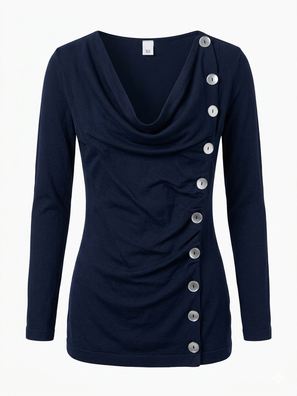 Navy Button-Accent Draped Neck Long-Sleeve Top